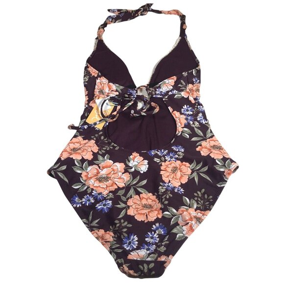 Kona Sol Womens Size Small Swimsuit One Piece Lace Trim Black Multi Floral New - Picture 2 of 11